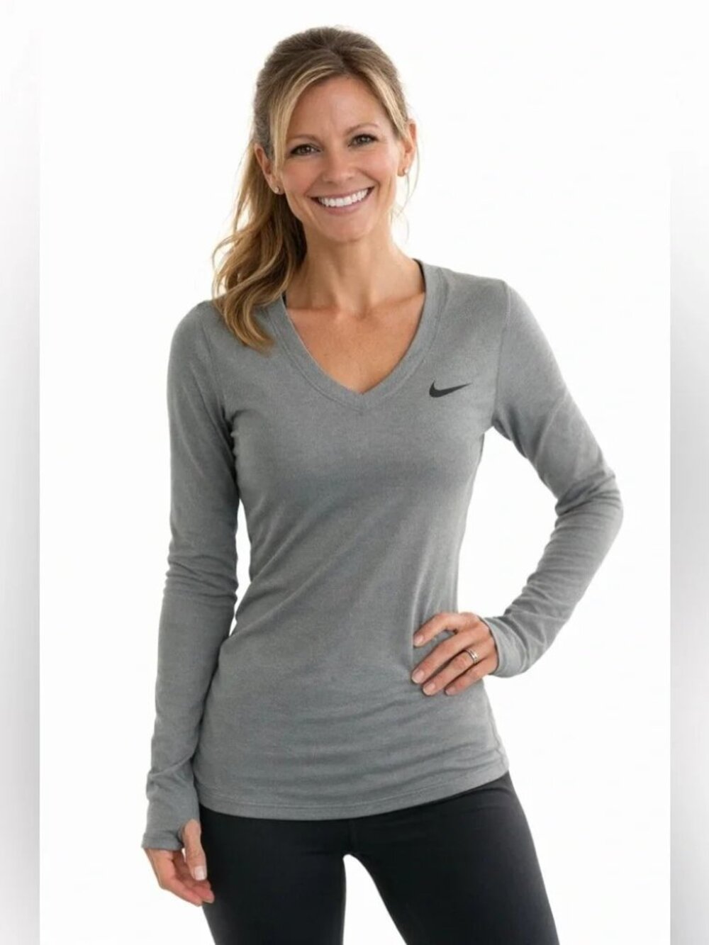 NIKE PRO womens DRI FIT gray V-NECK form fitted LONG SLEEVE shirt TOP SIZE M/L